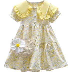 AGQT Toddler Girls Floral Dress Square Neck Puff Sleeve A-Line Smocked Dress with Bag Toddler Girls Summer Dress 12M-7T