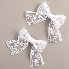 2 Pcs 3" Small White Lace Hair Bow Clips with Long Tail Ribbon Bow Alligator Barrettes Pin, Alligator Clips Hair Accessories, Handmade Hair Accessories for Girls Toddler Kids Children Teens, White