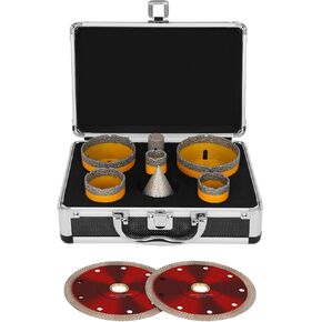 Diamond Drill Bits Kit 9pcs Hole Saw Set Vacuum Brazed 5/8-11 25/35/45/65/75mm Bit 20mm Finger 50mm Chamfer Bits with 2 5'' Cutting Blade for Porcelain Tile Ceramic Marble Concrete Angle Grinder