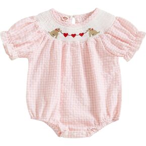 Owl's-Yard Baby Girl Plaid Romper Heart Embroidery Doll Collar Bodysuit My First Valentines Day Baby Girl Outfits