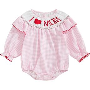 Owl's-Yard Baby Girl Plaid Romper Heart Embroidery Doll Collar Bodysuit My First Valentines Day Baby Girl Outfits