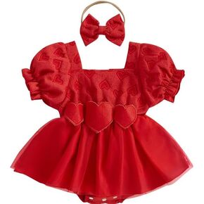 Newborn Baby Girl Valentines Day Outfit Puff Sleeve Square Neck Heart Print Tulle Dress Infant Romper Spring Clothes