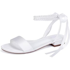 Satin Wedding Flats for Bride Pearl Sandals Open Toe Bridal Shoes Flat Wedding Shoes for Bride