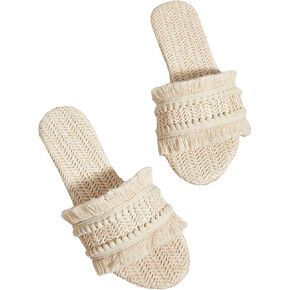 OYOANGLE Women's Fringe Straw Sandals Crochet Open Toe Single Band Flat Slip On Sandals