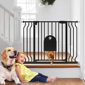 Baby Gate with Cat Door for Stairs - Auto Close & Easy Walk Thru Dog Pet Gates for Stairs 29.5"-43.7" Wide, Doorway, Pressure or Wall Mounted Child Gate Includes 4 Wall Cups 2 Extensions