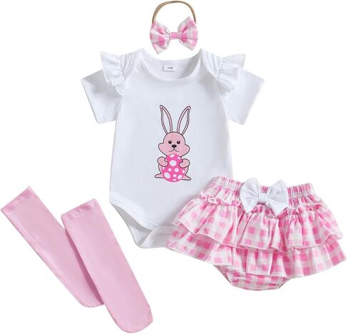 Newborn Baby Girl Easter Outfits Cute Short Sleeve Bunny Romper Ruffle Plaid Skirt Dress Infant Easter Clothes in Kuwait