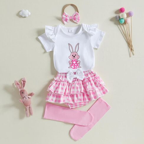 Newborn Baby Girl Easter Outfits Cute Short Sleeve Bunny Romper Ruffle Plaid Skirt Dress Infant Easter Clothes in Kuwait