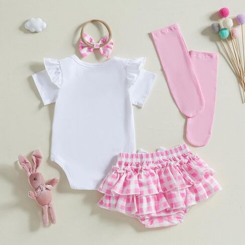 Newborn Baby Girl Easter Outfits Cute Short Sleeve Bunny Romper Ruffle Plaid Skirt Dress Infant Easter Clothes in Kuwait