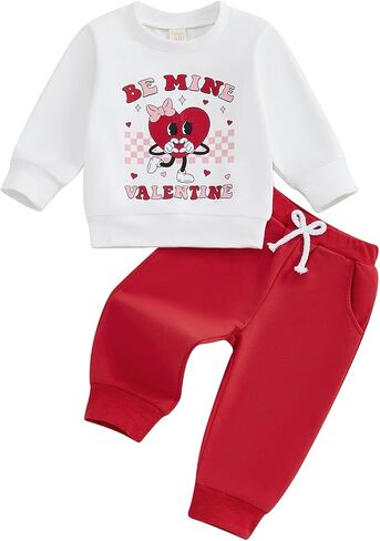 Thorn Tree Toddler Girl Valentines Day Clothes Set Bow Heart Printed Sweatshirt Solid Long Pants Winter Spring Outfits in Saudi Arabia
