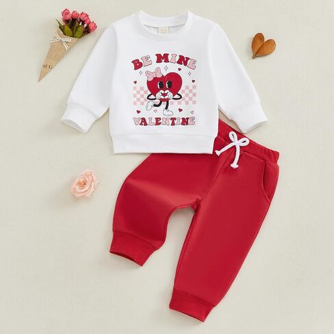 Thorn Tree Toddler Girl Valentines Day Clothes Set Bow Heart Printed Sweatshirt Solid Long Pants Winter Spring Outfits in Saudi Arabia