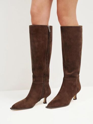 DOEYG Women Suede Knee High Boots Wide Calf Kitten Heel Boots Pointed Toe Stiletto High Heel Tall Boots Fashion Fall Long Boots with Side Zipper in Kuwait