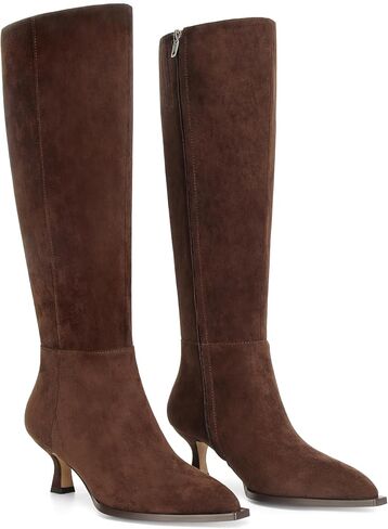 DOEYG Women Suede Knee High Boots Wide Calf Kitten Heel Boots Pointed Toe Stiletto High Heel Tall Boots Fashion Fall Long Boots with Side Zipper in Kuwait
