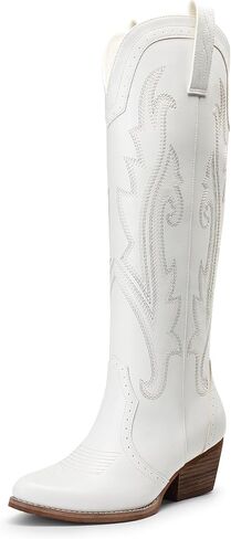 DREAM PAIRS Women's Embroidered Western Pull-On Knee-High Cowboy Boots | Embroidered Pointed Toe Block Chunky Heel Pull-On Cowboy Boots Cowgirl Tall Boots for Women in Kuwait