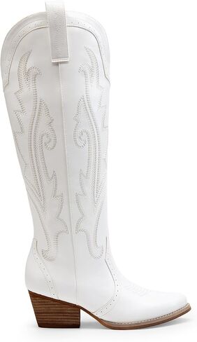 DREAM PAIRS Women's Embroidered Western Pull-On Knee-High Cowboy Boots | Embroidered Pointed Toe Block Chunky Heel Pull-On Cowboy Boots Cowgirl Tall Boots for Women in Kuwait