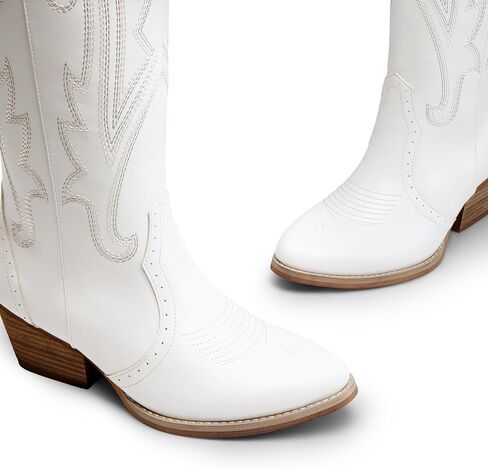 DREAM PAIRS Women's Embroidered Western Pull-On Knee-High Cowboy Boots | Embroidered Pointed Toe Block Chunky Heel Pull-On Cowboy Boots Cowgirl Tall Boots for Women in Kuwait