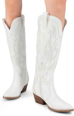 DREAM PAIRS Women's Embroidered Western Pull-On Knee-High Cowboy Boots | Embroidered Pointed Toe Block Chunky Heel Pull-On Cowboy Boots Cowgirl Tall Boots for Women in Kuwait