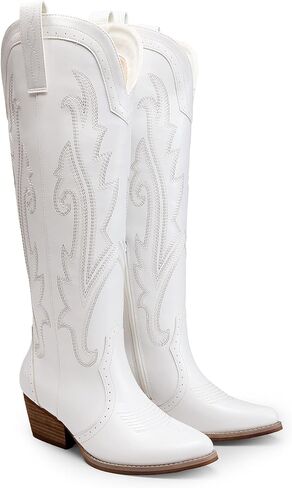 DREAM PAIRS Women's Embroidered Western Pull-On Knee-High Cowboy Boots | Embroidered Pointed Toe Block Chunky Heel Pull-On Cowboy Boots Cowgirl Tall Boots for Women in Kuwait