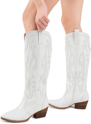 DREAM PAIRS Women's Embroidered Western Pull-On Knee-High Cowboy Boots | Embroidered Pointed Toe Block Chunky Heel Pull-On Cowboy Boots Cowgirl Tall Boots for Women in Kuwait