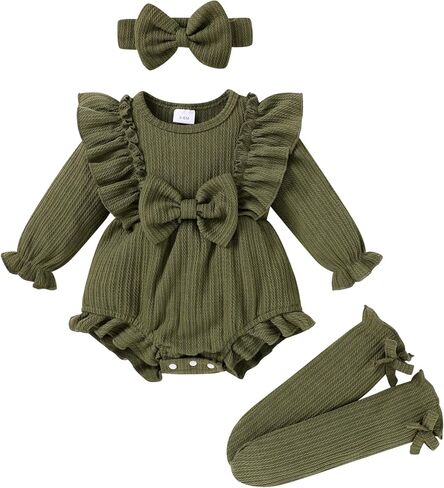 YOUNGER TREE Newborn Baby Girl Clothes Sweater Long Sleeve Ruffle Bow Romper Bodysuit Spring Fall Winter Outfits in Kuwait