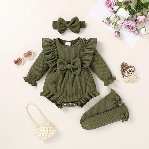 YOUNGER TREE Newborn Baby Girl Clothes Sweater Long Sleeve Ruffle Bow Romper Bodysuit Spring Fall Winter Outfits in Kuwait