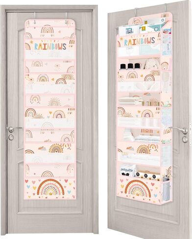 Clastyle Boho Rainbow Kids Over the Door منظم مع 5 جيوب كبيرة من الجيوب الحضانة الوردية شنقا منظم ملابس منظم ملابس حفاضات سحابة خزانة باب معلقة تخزين الرف لخن غرفة نوم الحمام in Kuwait