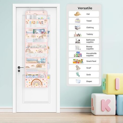 Clastyle Boho Rainbow Kids Over the Door Organizer with 5 Large Pockets Pink Nursery Hanging Storage Organizer Clothes Diaper Toy Cloud Closet Door Hanging Shelf Storage for Bedroom Bathroom Pantry in Kuwait
