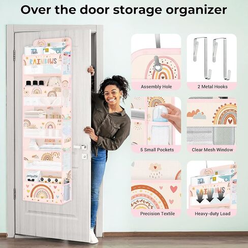 Clastyle Boho Rainbow Kids Over the Door Organizer with 5 Large Pockets Pink Nursery Hanging Storage Organizer Clothes Diaper Toy Cloud Closet Door Hanging Shelf Storage for Bedroom Bathroom Pantry in Kuwait