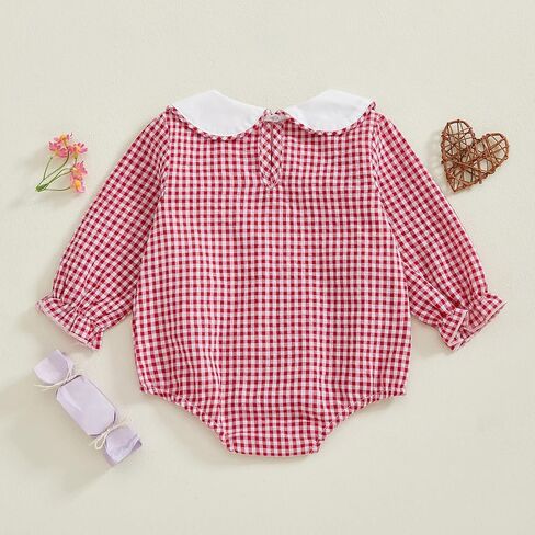 Owl's-Yard Baby Girl Plaid Romper Heart Embroidery Doll Collar Bodysuit My First Valentines Day Baby Girl Outfits in Saudi Arabia