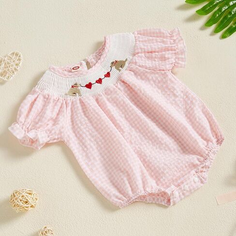 Owl's-Yard Baby Girl Plaid Romper Heart Embroidery Doll Collar Bodysuit My First Valentines Day Baby Girl Outfits in Saudi Arabia