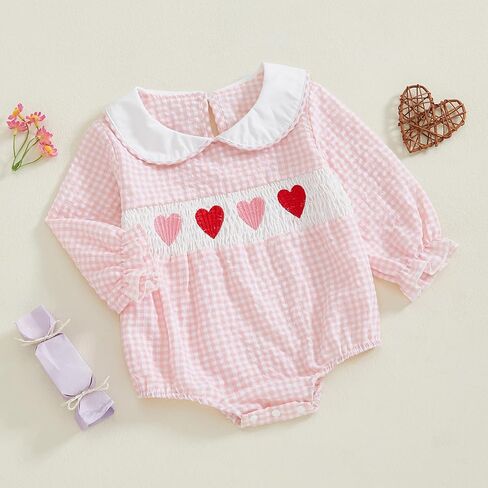 Owl's-Yard Baby Girl Plaid Romper Heart Embroidery Doll Collar Bodysuit My First Valentines Day Baby Girl Outfits in Saudi Arabia