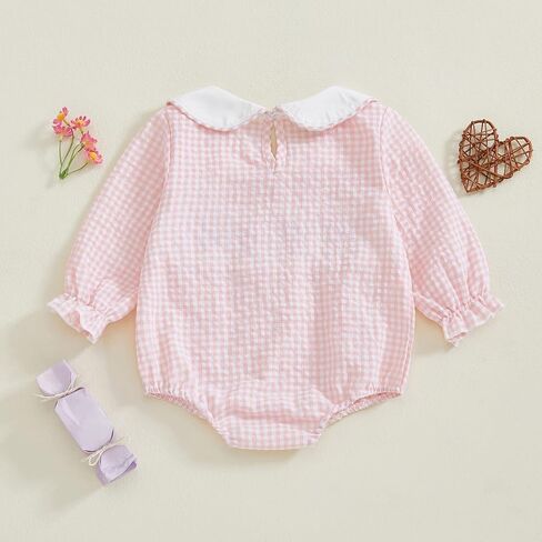Owl's-Yard Baby Girl Plaid Romper Heart Embroidery Doll Collar Bodysuit My First Valentines Day Baby Girl Outfits in Saudi Arabia