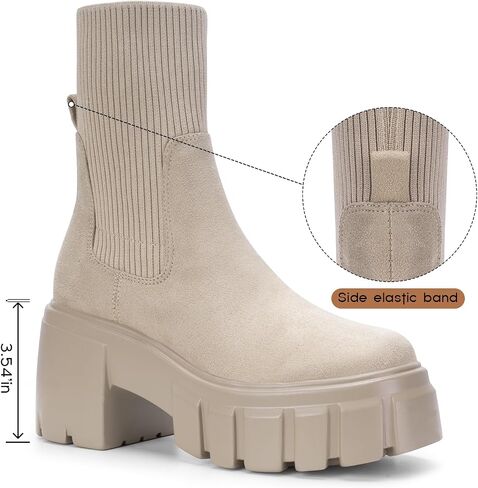 FITORY Women's Ankle Boots Comfy Chelsea Mid Heel Elastic Chunky Heel Lug Sole Booties Size 6-11 in Saudi Arabia