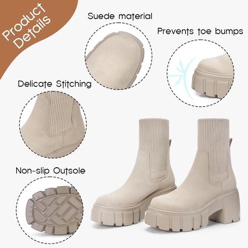 FITORY Women's Ankle Boots Comfy Chelsea Mid Heel Elastic Chunky Heel Lug Sole Booties Size 6-11 in Saudi Arabia
