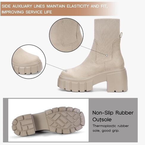 FITORY Women's Ankle Boots Comfy Chelsea Mid Heel Elastic Chunky Heel Lug Sole Booties Size 6-11 in Saudi Arabia