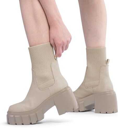FITORY Women's Ankle Boots Comfy Chelsea Mid Heel Elastic Chunky Heel Lug Sole Booties Size 6-11 in Saudi Arabia