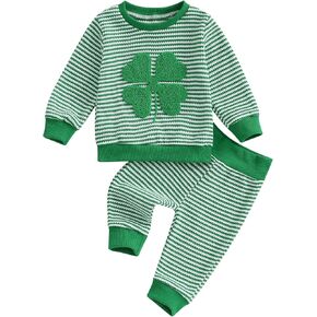 Toddler Baby Boy St Patricks Day Outfit Clover Embroidery Stripe Sweatshirt Top Long Pants Set 2 Piece Clothes in Kuwait