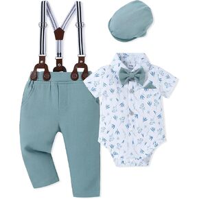 WESIDOM Baby Boy Clothes Suit 0-24M Infant Gentleman Wedding Outfit, Shirt+Bowtie+Beret+Suspender Pants Clothing Set