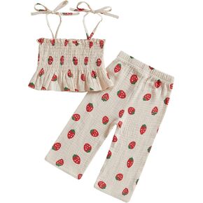 Lamuusaa Toddler Baby Girl Clothes Sleeveless Strawberry Crop Tops Cotton Linen Wide Leg Pants Summer Outfits 6M-4T
