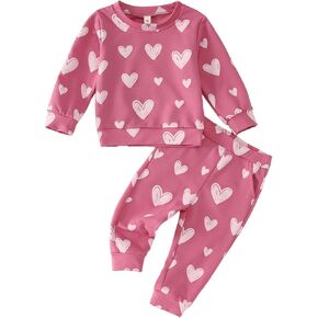 BOUTIKOME Toddler Baby Girls Valentines Day Outfits Heart Print Sweatshirt Long Pants Set 2Pcs Sweatsuit Tops Clothes 1-4T(Pink-3,3-4T)