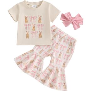Lamuusaa Toddler Baby Girl Easter Outfit Short Sleeve Bunny Bow Print T-shirt Flared Pants Headband Summer Outfits 6M-4T