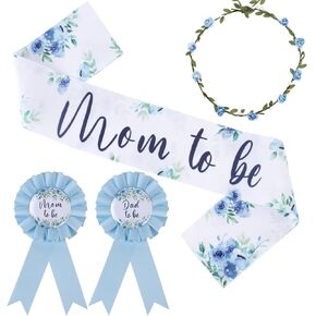 Serencatcher Baby in Bloom Baby Shower Decorations Boy, Floral Blue Mom to Be Maternity Sash Mom Dad to Be Button Tinplate Badge Pin Corsage Flower Crown Headband for Baby in Bloom Gender Reveal Party