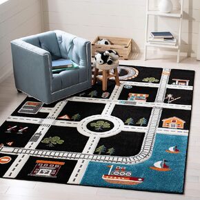 SAFAVIEH Carousel Kids Collection 4' Square Black/Ivory CRK192Z Neighborhood Road Non-Shedding Playroom Nursery Bedroom Area Rug