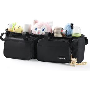 Double Stroller Organizer for BOB Duallie and Baby Jogger City Mini GT2, Parent Caddy Accessories with 2 Cup Holders, 2 Cooler Pockets & Extra Storage (Black, Empty)