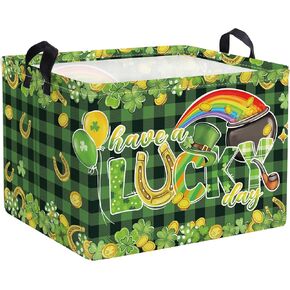 Clastyle Lucky Clovers Saint Patrick's Day Baby Gift Basket Collapsible Rectangle Gold Coin Kid Toy Storage Box Rainbow Plaid Clothes Book Shelf Basket, 36L White