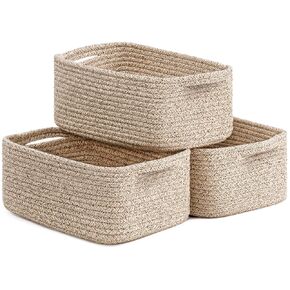 Goodpick Storage Basket, Medium Woven Baskets for Gifts Empty Dog Toy Baskets for Living Room Rope Shelf Baskets for Storage for Towels for Organizing 3 Pack, White & Brown, 13 x 8 x 5 in
