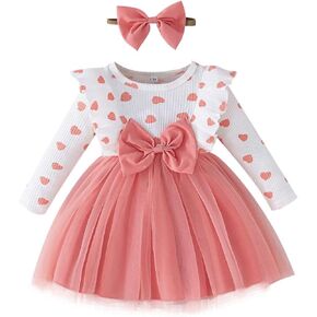 Toddler Baby Girl Valentines Day Dress Ribbed Ruffle Long Sleeve Heart Print Dress Tulle Tutu Skirts Spring Clothes