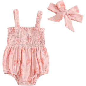 Newborn Baby Girl Clothes Bow Print Smocked Romper Sleeveless Cotton Linen Bodysut with Headband Set Summer Outfit