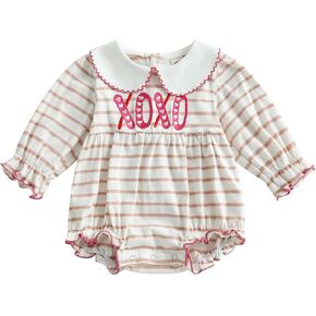 Karuedoo Baby Girl Valentines Day Outfit Nevel Heart Stripery Stripe Bubble Romper Long Sleeve Dolle Twibuit
