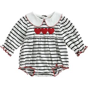 Karuedoo Baby Girl Valentines Day Outfit Newborn Heart Embroidery Stripe Bubble Romper Long Sleeve Doll Collar Bodysuit