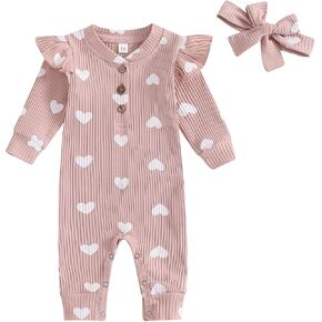 Suolongsama My First Valentines Day Baby Girl Outfit Newborn Long Sleeve Button Jumpsuit Heart Knit Romper Headband